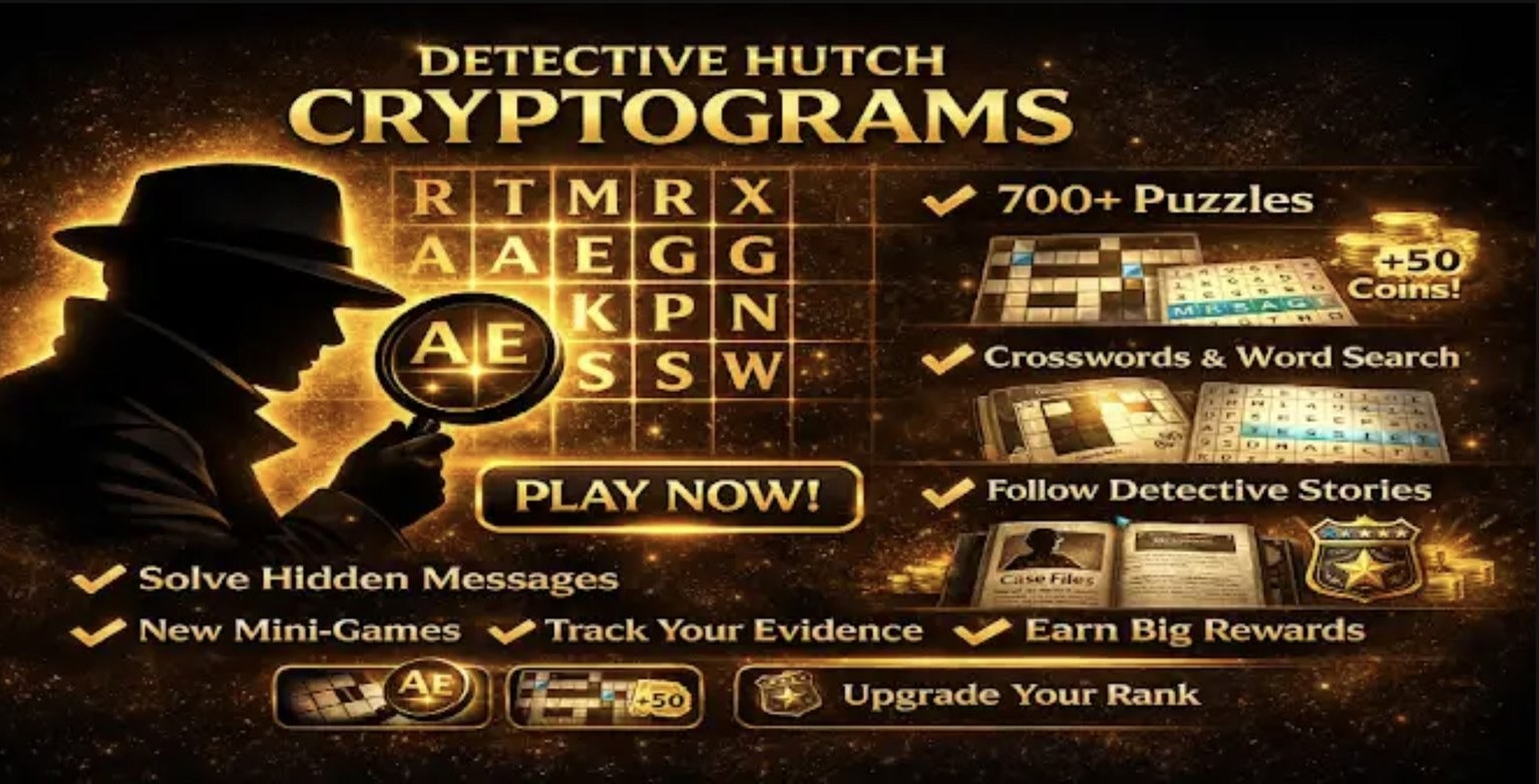 Detective Hutch: Cryptograms — a detective in silhouette studies a grid of coded letters through a magnifying glass.