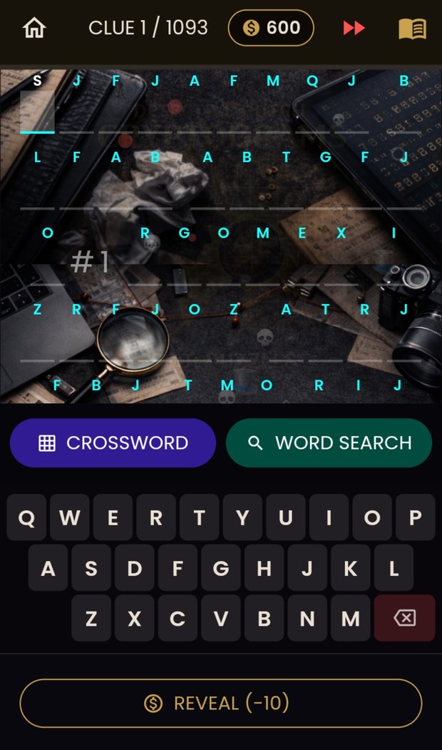 A cryptogram puzzle in progress, with coded letters above blank spaces and a keyboard below.