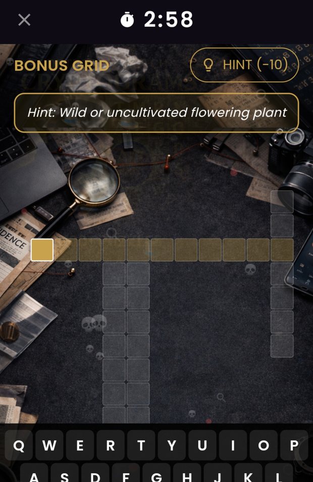 A timed bonus crossword grid with a clue reading: wild or uncultivated flowering plant.