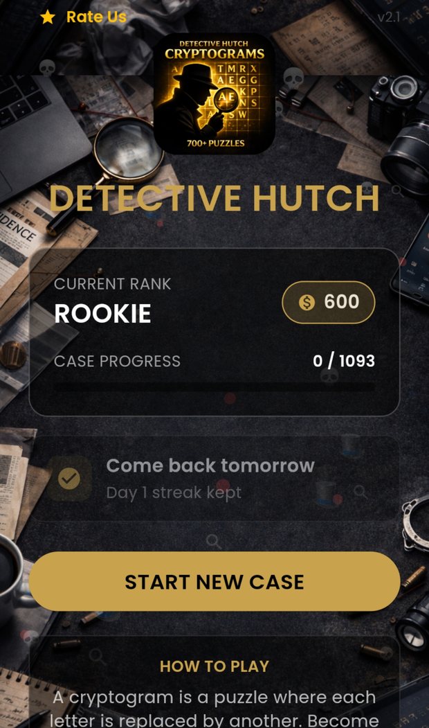 The home screen showing detective rank, coin balance, case progress and a daily streak.